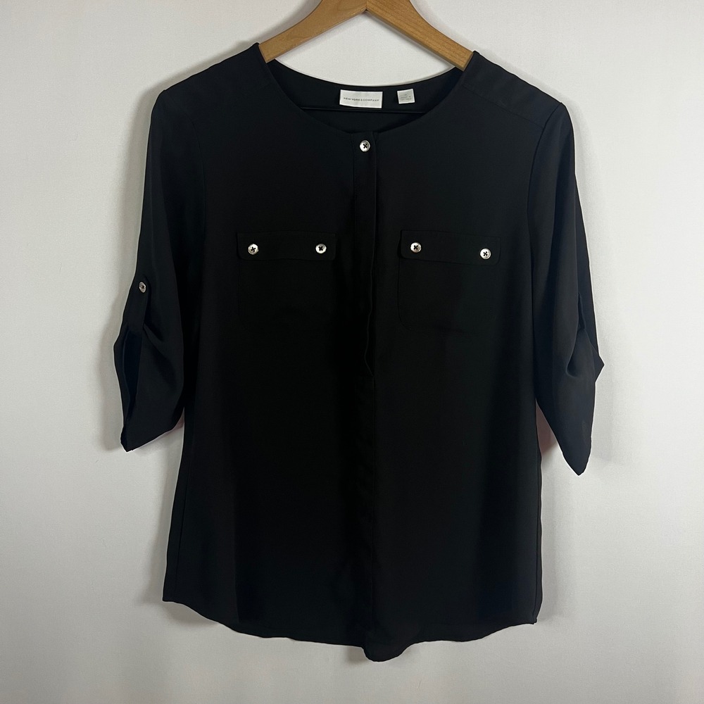 New York & Company Women Medium Black Button Down Chiffon‎ Blouse Cuffed Sleeves